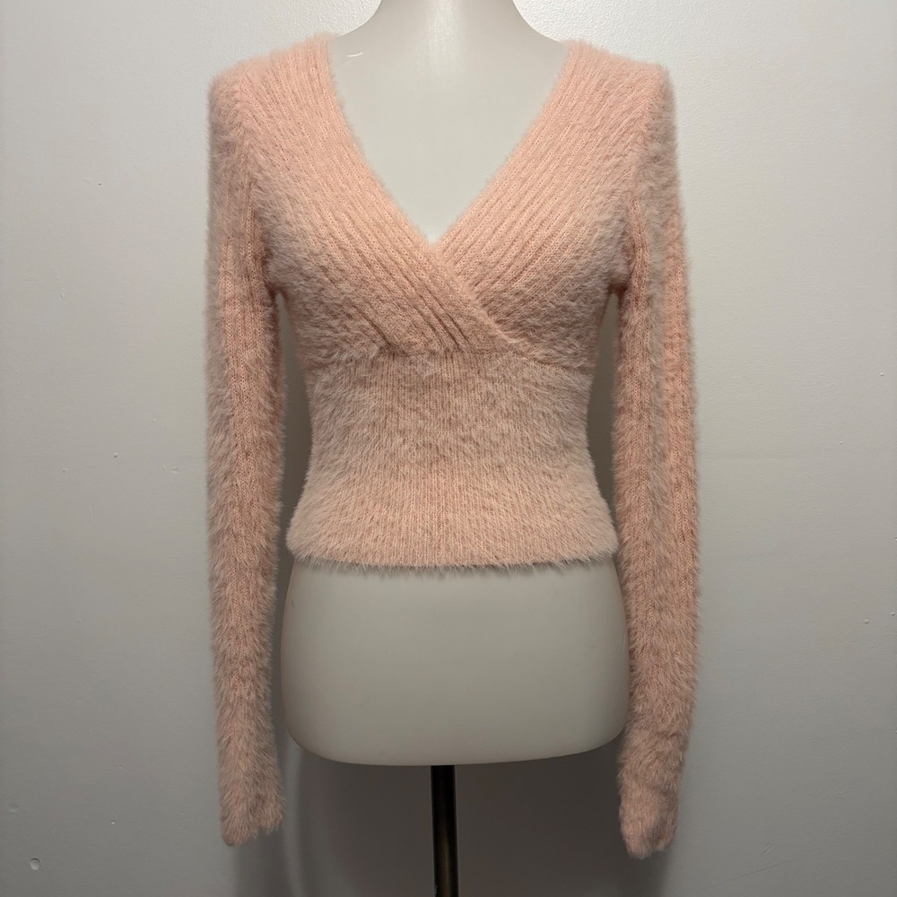 Becool Fuzzy Eyelash Knit Cropped Sweater S/M Peach Pink Surplice V-Neck - Picture 2 of 8